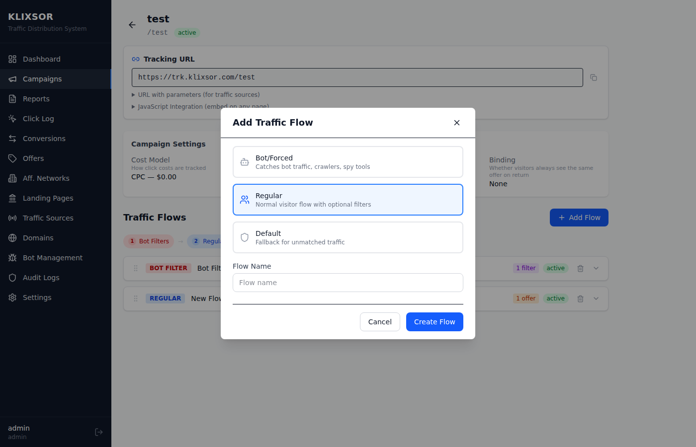 Add traffic flow modal showing Bot/Forced, Regular, and Default flow types